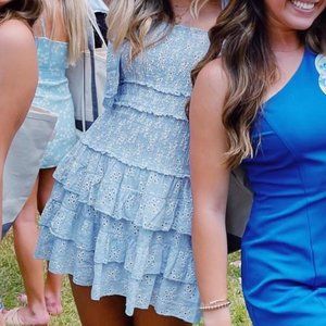 OLIVIACEOUS BLUE AND WHITE MINI DRESS WITH TIES